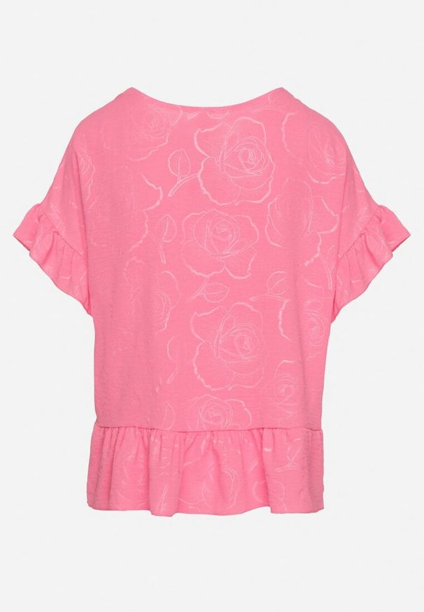 Born2be - Fuksjowa Bluzka o Kroju Oversize z Falbanami Livelle. Okazja: na co dzień. Kolor: różowy. Materiał: jeans. Długość rękawa: krótki rękaw. Długość: krótkie. Styl: casual