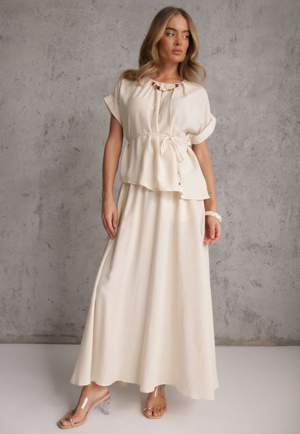 Renee - Beżowy Rustykalny Komplet z Lnem i Wiskozą Spódnica i Bluzka-Nietoperz Lilinney. Kolor: beżowy. Materiał: wiskoza, len