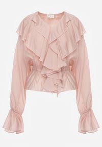 Renee - Różowa Bluzka w Typie Boho Ozdobiona Falbanami Sarlyss. Okazja: na co dzień. Typ kołnierza: dekolt w kształcie V. Kolor: różowy. Materiał: jeans. Długość rękawa: długi rękaw. Długość: długie. Wzór: aplikacja. Styl: boho #2