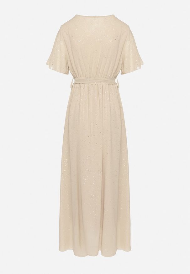 Born2be - Beżowa Brokatowa Sukienka Koktajlowa Ozdobiona Paskiem Ziliane. Okazja: na imprezę. Kolor: beżowy. Wzór: aplikacja. Styl: wizytowy