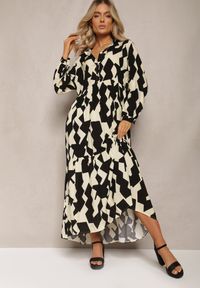 Renee - Beżowo-Czarna Koszulowa Sukienka Maxi w Geometryczny Wzór Qerida. Okazja: na co dzień. Kolor: czarny. Długość rękawa: krótki rękaw. Wzór: geometria. Typ sukienki: koszulowe. Styl: casual. Długość: maxi