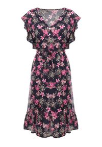 Born2be - Granatowa Sukienka z Wiskozy Actamia. Okazja: na co dzień. Typ kołnierza: kokarda, kołnierz z falbankami. Kolor: niebieski. Materiał: wiskoza. Wzór: kwiaty. Typ sukienki: proste. Styl: casual. Długość: mini #2