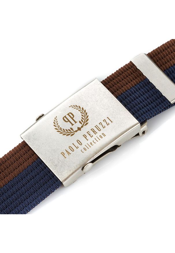 Pasek parciany PAOLO PERUZZI PW-02-95 CM brązowo-granatowy. Kolor: brązowy, niebieski, wielokolorowy. Materiał: materiał. Wzór: paski