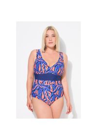 ULLA POPKEN - Damski Kostium kąpielowy koralowce dekolt w serek miękkie miseczki z recyklingu. Kolekcja: plus size. Kolor: niebieski. Materiał: poliester, elastan, poliamid, materiał