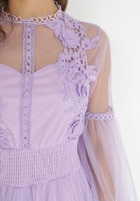 Born2be - Fioletowa Rozkloszowana Sukienka Tiulową z Koronką Llaudia. Kolor: fioletowy. Materiał: tiul, koronka. Wzór: koronka #2