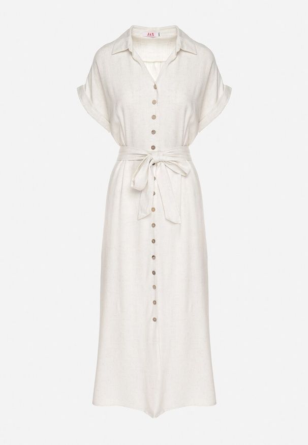 Born2be - Jasnobeżowa Sukienka Koszulowa z Wiskozy i Lnu Wiązana w Talii z Kieszeniami Efrasira. Okazja: na co dzień. Kolor: beżowy. Materiał: len, wiskoza. Typ sukienki: koszulowe. Styl: casual, elegancki