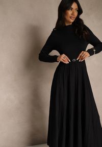 Renee - Czarna Dzianinowa Sukienka Rozkloszowana Longsleeve z Wiskozą i Paskiem Tusnira. Okazja: na co dzień. Kolor: czarny. Materiał: wiskoza, dzianina. Długość rękawa: długi rękaw. Typ sukienki: proste. Styl: casual, elegancki #3