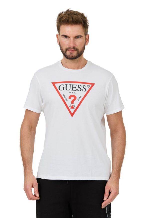 Guess - GUESS Biały męski t-shirt bawełniany z dużym logo Clsc Tri Logo, Rozmiar L. Kolor: biały. Materiał: bawełna