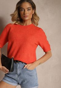 Renee - Pomarańczowy Sweter z Wełną Krótkim Rękawem Ozdobiony Ściągaczami Emiralin. Okazja: na co dzień. Kolor: pomarańczowy. Materiał: wełna. Długość rękawa: krótki rękaw. Długość: krótkie. Wzór: aplikacja. Styl: casual #3