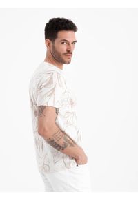 Ombre Clothing - T-shirt męski fullprint w kontrastowe liście - jasnobeżowy V1 - Rozmiar: XL. Okazja: na co dzień. Kolor: beżowy. Materiał: materiał, bawełna. Styl: casual