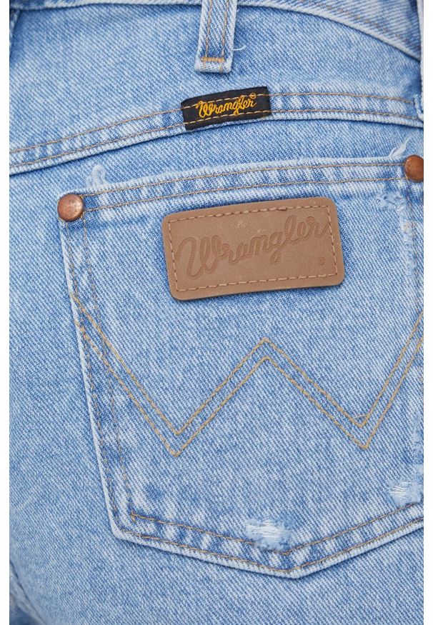 Wrangler szorty jeansowe damskie gładkie medium waist. Okazja: na co dzień. Kolor: niebieski. Materiał: jeans. Wzór: gładki. Styl: casual