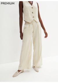 bonprix - Spodnie z zakładkami, z czystego lnu. Kolor: beżowy. Materiał: len. Sezon: lato. Styl: elegancki #1