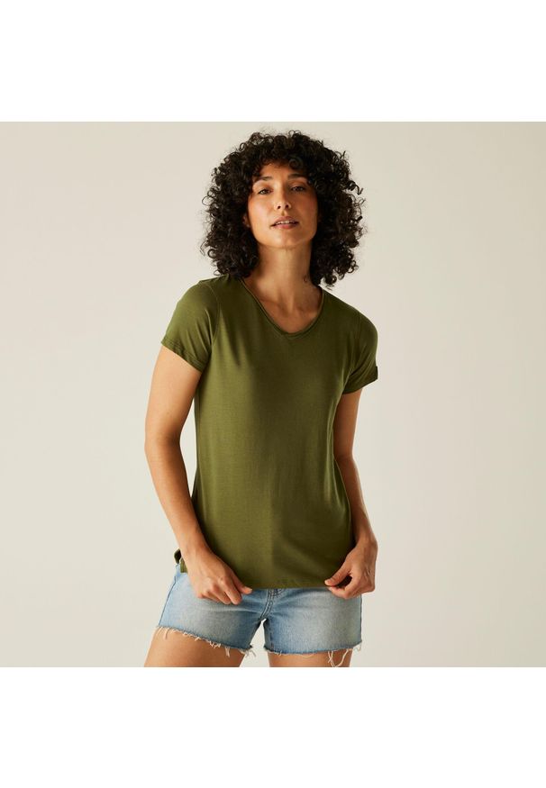 Regatta - Koszulka turystyczna damska Elkie. Kolor: zielony. Materiał: dzianina, elastan, bawełna. Sport: turystyka piesza