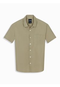 Ombre Clothing - Męska koszula z bawełny i lnu z krótkim rękawem i kieszonką – oliwkowa V6 - Rozmiar: XXL. Kolor: oliwkowy. Materiał: len, bawełna. Długość rękawa: krótki rękaw. Długość: krótkie. Sezon: lato
