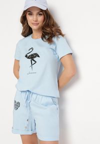 Born2be - Jasnoniebieski Bawełniany Komplet na Lato T-shirt i Szorty z Nadrukiem Emorals. Kolor: niebieski. Materiał: bawełna. Wzór: nadruk