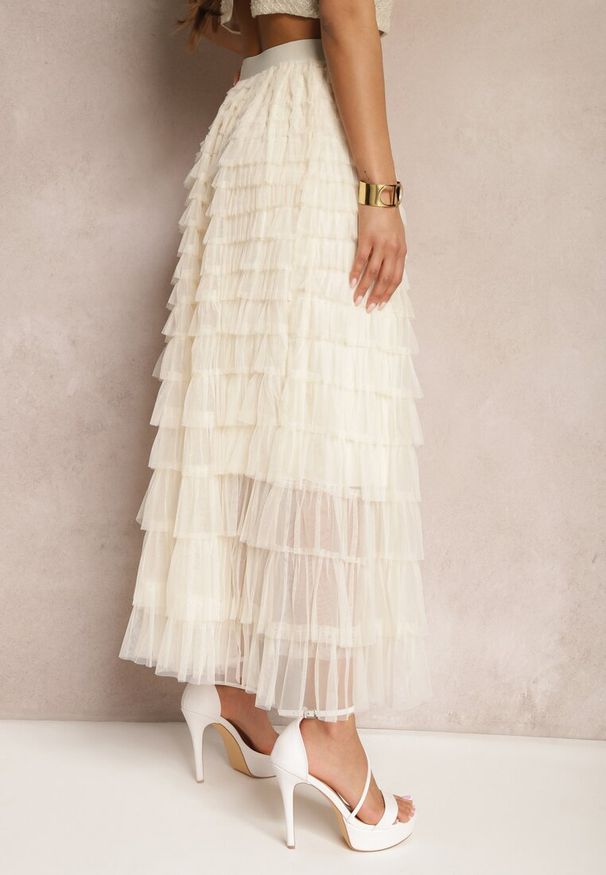 Renee - Beżowa Tiulowa Spódnica Maxi z Gumką w Pasie Oliviah. Kolor: beżowy. Materiał: tiul. Wzór: aplikacja