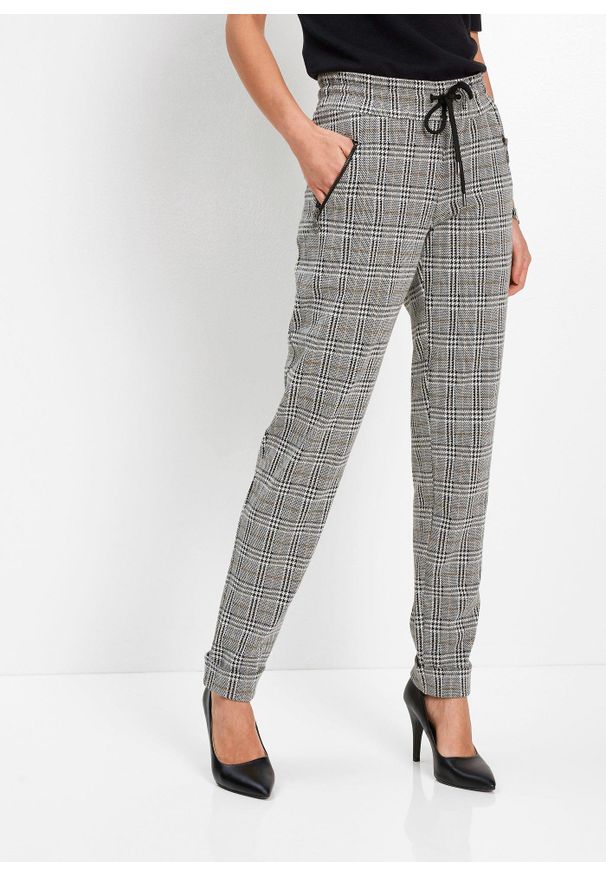 bonprix - Spodnie z gumką w talii w kratę glencheck. Kolor: szary, biały. Styl: klasyczny