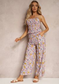 Renee - Różowy Komplet z Bawełny Marszczony Top na Ramiączkach Szerokie Spodnie z Gumką w Talii Elary. Kolor: różowy. Materiał: bawełna