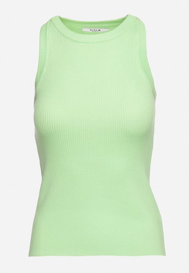 Born2be - Zielony Top o Klasycznym Kroju z Prążkowanej Dzianiny Wavera. Kolor: zielony. Materiał: dzianina, prążkowany. Styl: klasyczny