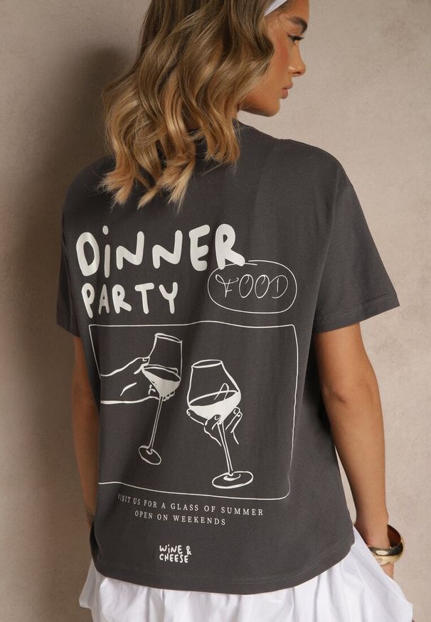 Renee - Ciemnoszary T-shirt z Bawełny z Nadrukiem Adferia. Okazja: na co dzień. Kolor: szary. Materiał: bawełna. Wzór: nadruk. Styl: klasyczny, elegancki, casual