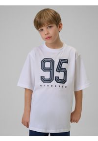 4f - 4F T-shirt loose z nadrukiem chłopięcy - biały 134/140 (8-10 lat). Okazja: na co dzień. Kolor: biały. Materiał: skóra, bawełna, dzianina. Wzór: nadruk. Sezon: lato. Styl: casual #2