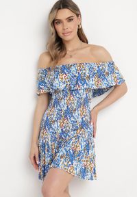 Born2be - Niebieska Sukienka Hiszpanka Mini z Elastycznej Wiskozy Zamra. Typ kołnierza: dekolt hiszpanka. Kolor: niebieski. Materiał: wiskoza. Sezon: lato. Długość: mini #7