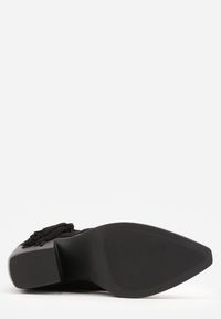 Renee - Czarne Ażurowe Botki Typu Kowbojki na Stożku Ozdobione Frędzlami Pentora. Kolor: czarny. Materiał: jeans. Wzór: aplikacja, ażurowy. Obcas: na stożku #9