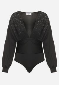 Born2be - Czarne Taliowane Body o Kopertowym Kroju Zdobione Cyrkoniami Boniola. Okazja: na co dzień. Typ kołnierza: dekolt kopertowy. Kolor: czarny. Materiał: jeans. Długość rękawa: długi rękaw. Długość: długie. Wzór: aplikacja. Styl: wizytowy, casual #5