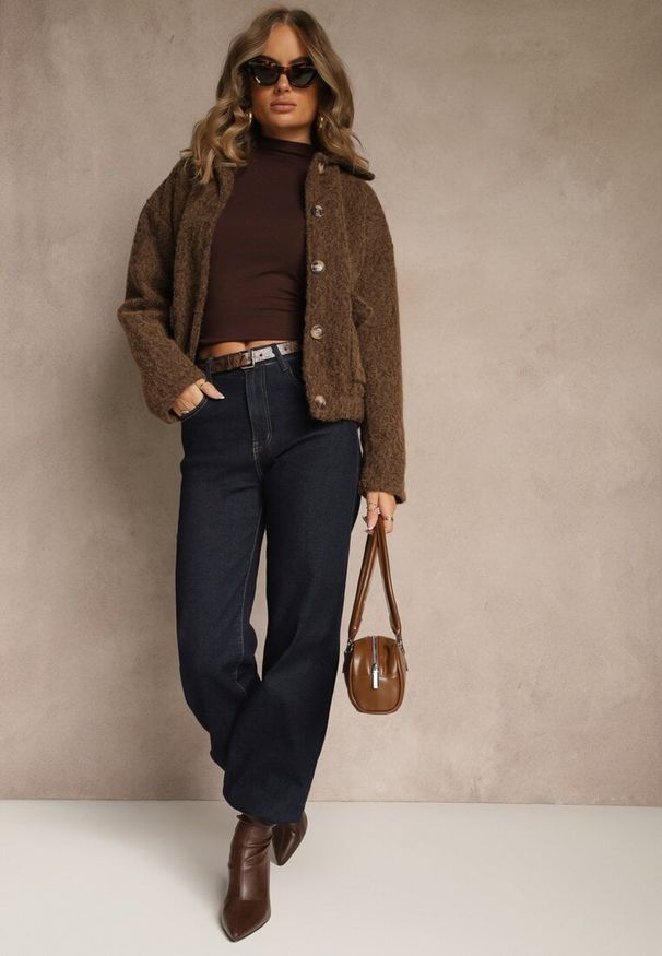 Renee - Brązowa Kurtka Koszulowa z Supełkowym Splotem i Gumką w Pasie Uniamesa. Okazja: na spacer. Kolor: brązowy. Materiał: tkanina, wełna, satyna. Wzór: ze splotem. Styl: elegancki, klasyczny