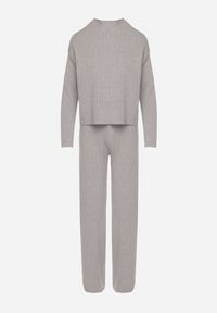 Born2be - Szary Prążkowany Komplet Dzianinowy Szerokie Spodnie i Sweter z Półgolfem Fenitiva. Kolor: szary. Materiał: prążkowany, dzianina #2