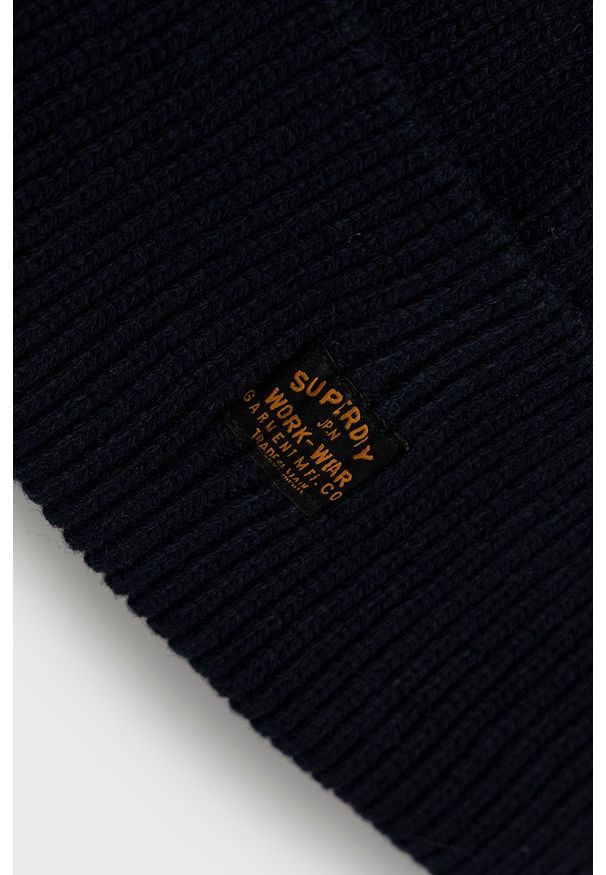 Superdry Czapka wełniana kolor granatowy z grubej dzianiny. Kolor: niebieski. Materiał: dzianina, wełna