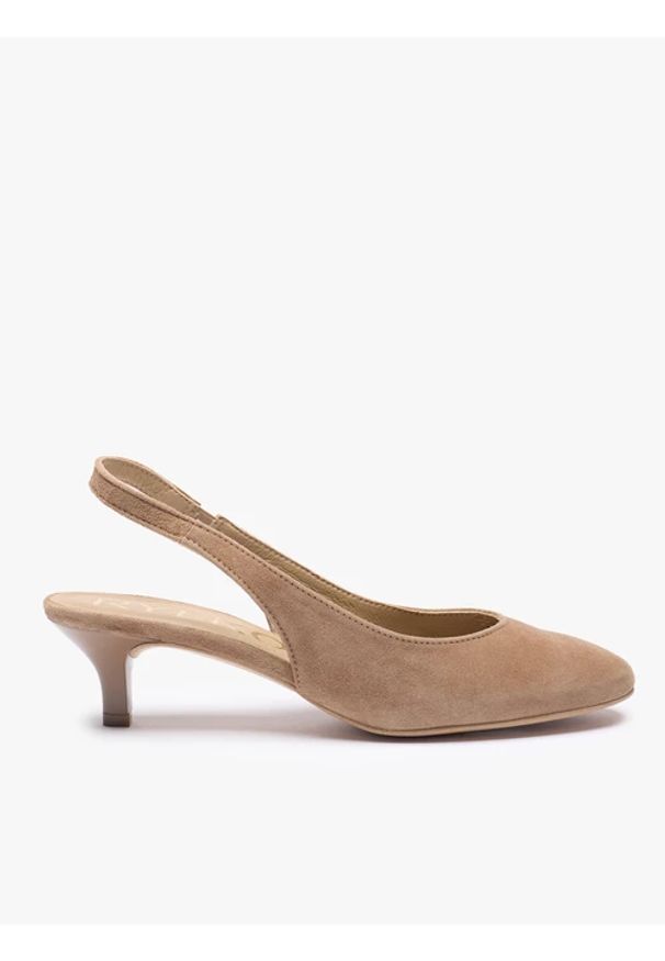 Ryłko - Jasnobrązowe czółenka slingback bez pięty. Okazja: na co dzień. Nosek buta: okrągły. Kolor: brązowy. Materiał: skóra, welur. Styl: casual, elegancki, street