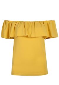 TOP SECRET - Bawełniana bluzka z falbanami. Typ kołnierza: dekolt hiszpanka. Kolor: żółty. Materiał: bawełna. Długość rękawa: krótki rękaw. Długość: krótkie. Sezon: wiosna, lato. Styl: elegancki #2