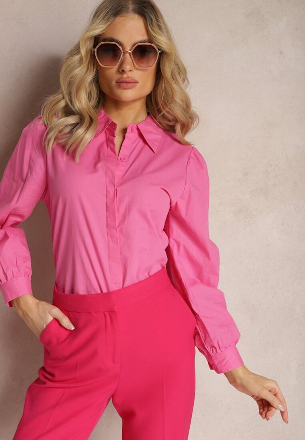 Renee - Fuksjowa Klasyczna Koszula z Bawełny Gingera. Okazja: na co dzień. Kolor: różowy. Materiał: bawełna. Styl: klasyczny