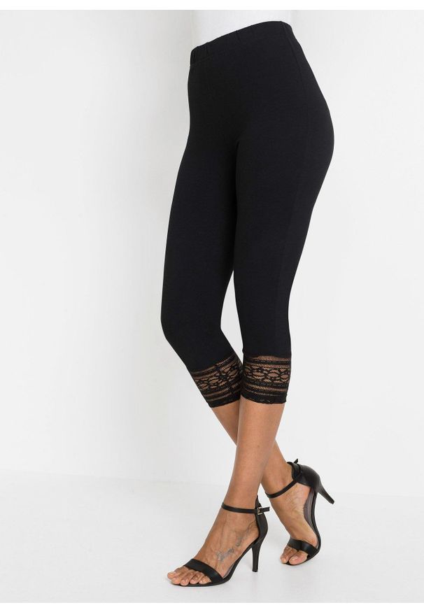 bonprix - Legginsy rybaczki z bawełną organiczną. Kolor: czarny. Materiał: bawełna, koronka. Wzór: koronka. Styl: elegancki
