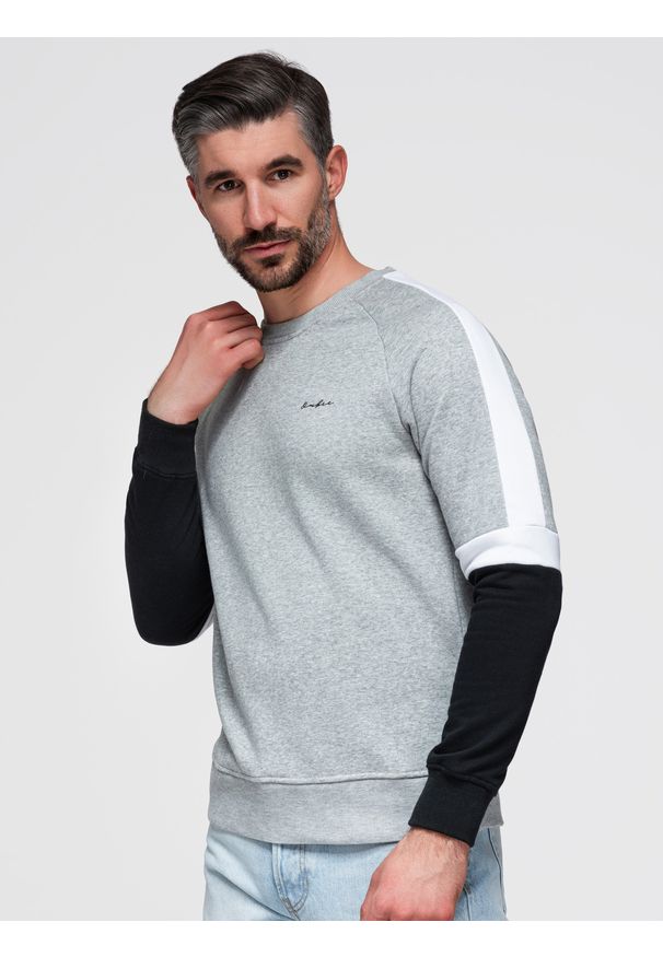 Ombre Clothing - Trójkolorowa męska bluza dresowa z raglanowymi rękawami – szara V1 - Rozmiar: M. Okazja: na co dzień. Kolor: szary. Materiał: dresówka. Długość rękawa: raglanowy rękaw. Wzór: nadruk. Styl: casual, sportowy