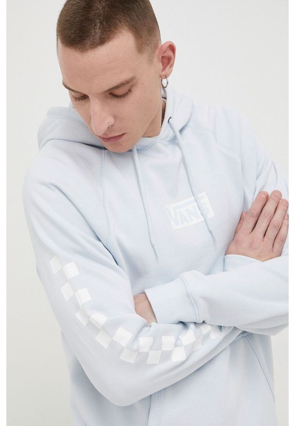 Vans bluza męska z kapturem z nadrukiem. Okazja: na co dzień. Typ kołnierza: kaptur. Kolor: niebieski. Długość rękawa: raglanowy rękaw. Wzór: nadruk. Styl: casual