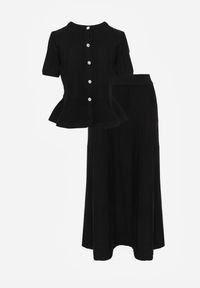 Renee - Czarny Komplet z Wiskozą Bluzka z Guzikami i Baskinką i Spódnica Narinna. Kolor: czarny. Materiał: wiskoza #2