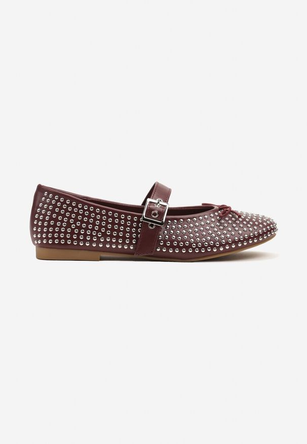 Renee - Bordowe Balerinki Mary Jane Ozdobione Kokardą i Cyrkoniami Lurisellia. Okazja: na co dzień. Zapięcie: sprzączka. Kolor: czerwony. Materiał: jeans. Wzór: aplikacja. Styl: casual, elegancki, wizytowy