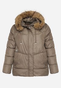 Born2be - Ciemnozielona Kurtka z Pikowanymi Przeszyciami i Kapturem z Futerkiem Anavite. Okazja: na co dzień, na spacer. Kolekcja: plus size. Kolor: zielony. Materiał: futro. Styl: casual #5