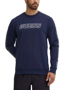Guess - GUESS Granatowa męska bluza z lampasami Arlo Cn, Rozmiar XXL. Okazja: na co dzień, do domu. Kolor: niebieski. Materiał: elastan, bawełna. Długość rękawa: długi rękaw. Długość: długie. Styl: casual #7