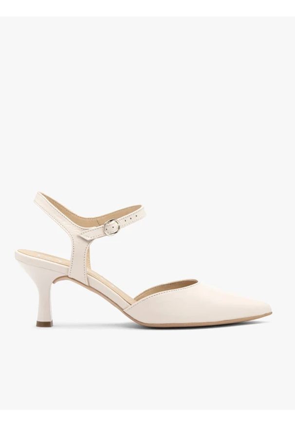 Ryłko - Kremowe ślubne czółenka slingback. Okazja: na ślub cywilny, na wesele. Zapięcie: pasek. Kolor: beżowy. Materiał: skóra. Obcas: na obcasie. Styl: street, elegancki. Wysokość obcasa: średni