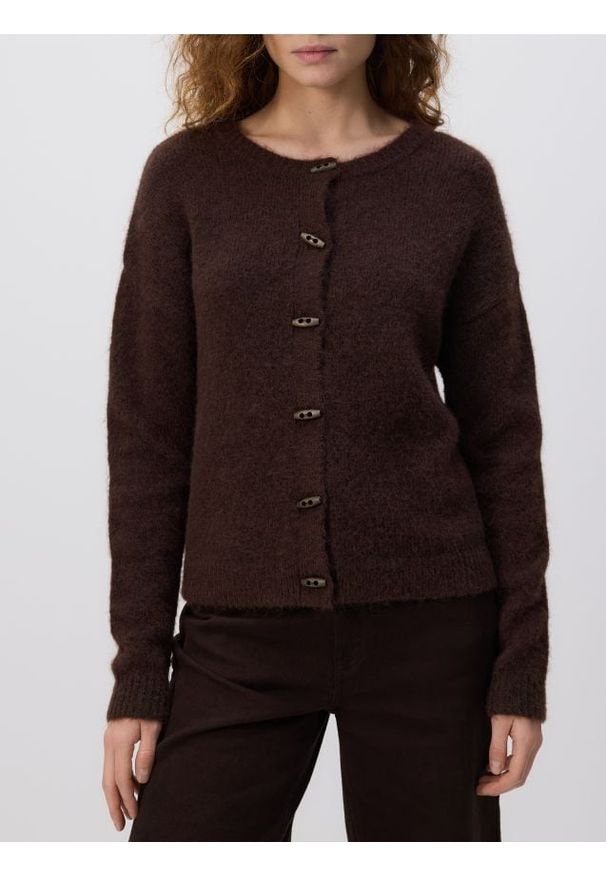Reserved - Kardigan z dodatkiem wełny - ciemnobrązowy. Kolor: brązowy. Materiał: wełna