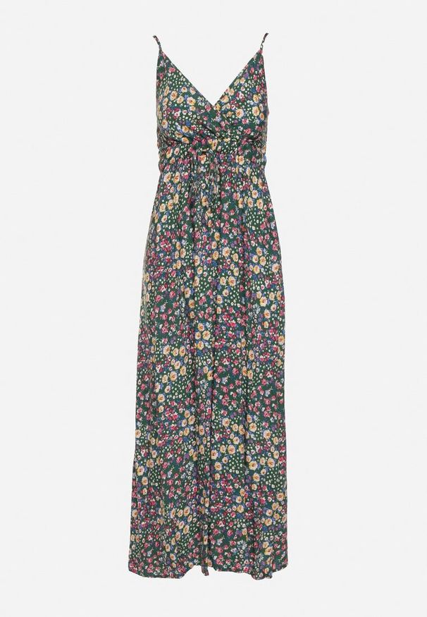 Born2be - Zielona Wiskozowa Sukienka na Regulowanych Ramiączkach z Gumkami na Plecach Zarlea. Okazja: na spacer. Typ kołnierza: dekolt w serek. Kolor: zielony. Materiał: wiskoza. Długość rękawa: na ramiączkach. Wzór: kwiaty