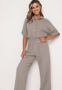 Born2be - Ciemnobeżowy Bawełniany Kombinezon z Koszulową Górą i Prostymi Spodniami Namsore. Kolor: beżowy. Materiał: bawełna. Styl: klasyczny, elegancki #6