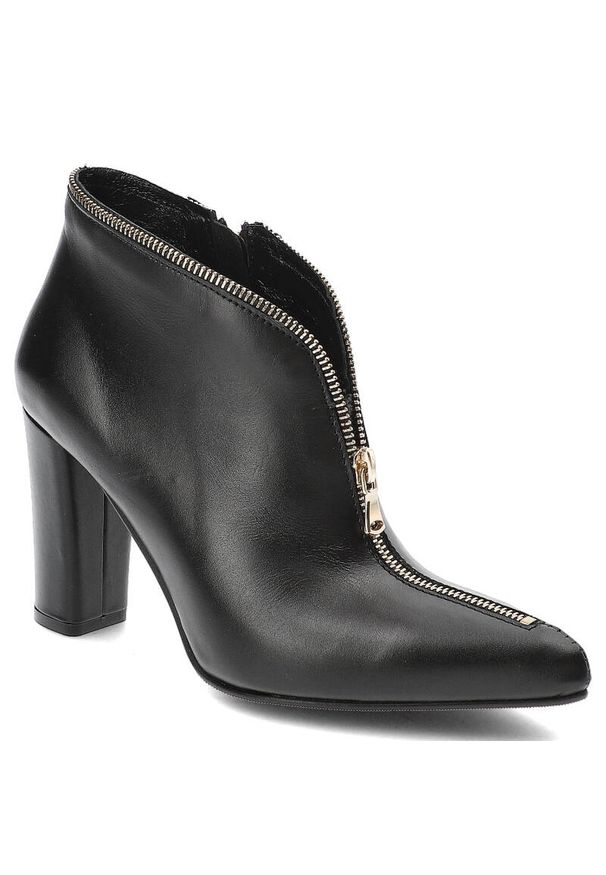 Czarne Botki Simen Modne Buty Damskie. Zapięcie: zamek. Kolor: czarny. Materiał: skóra. Wzór: gładki. Obcas: na obcasie. Styl: klasyczny, elegancki. Wysokość obcasa: średni