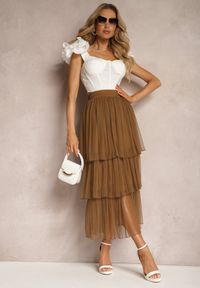 Renee - Brązowa Tiulowa Spódnica Rozkloszowana z Plisowaniem High Waist Eveleena. Stan: podwyższony. Kolor: brązowy. Materiał: tiul. Styl: wizytowy #4