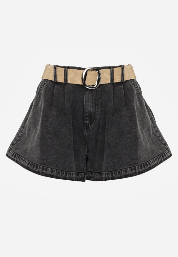 Renee - Czarne Szorty Jeansowe High Waist z Bawełny z Elastycznym Paskiem Tinreia. Okazja: na co dzień. Stan: podwyższony. Kolor: czarny. Materiał: jeans, bawełna. Długość: krótkie. Sezon: lato. Styl: casual