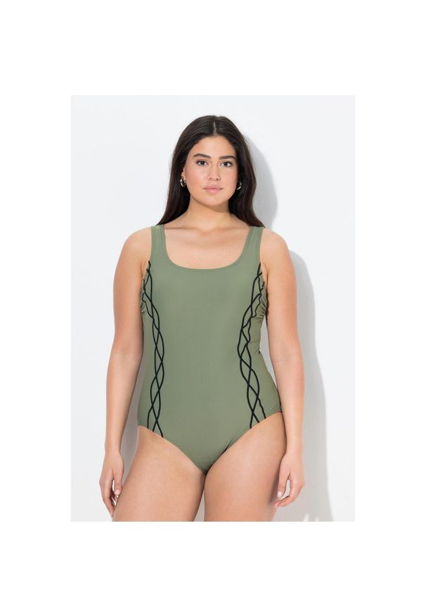 ULLA POPKEN - Damskie Strój kąpielowy lamówka bez miękkich miseczek okrągły dekolt. Kolekcja: plus size. Kolor: zielony. Materiał: elastan, materiał, poliester, poliamid