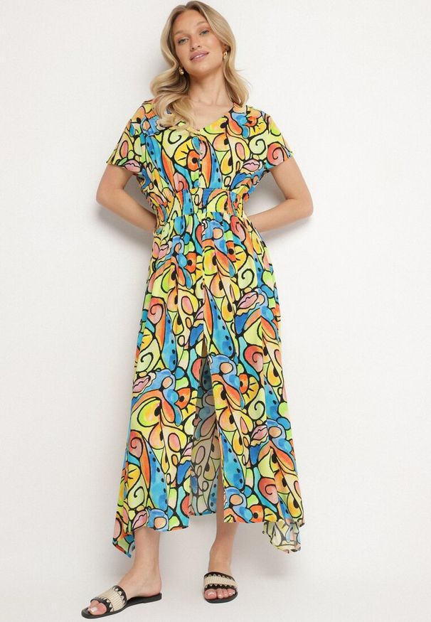 Born2be - Żółta Bawełniana Sukienka z Abstrakcyjnym Wzorem Emilisse. Okazja: na co dzień. Kolor: żółty. Materiał: bawełna. Styl: klasyczny, casual